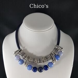 Chico's Gemstone, Lucite & Blue Leather Necklace, Silver Tone Disks, 20 Inches